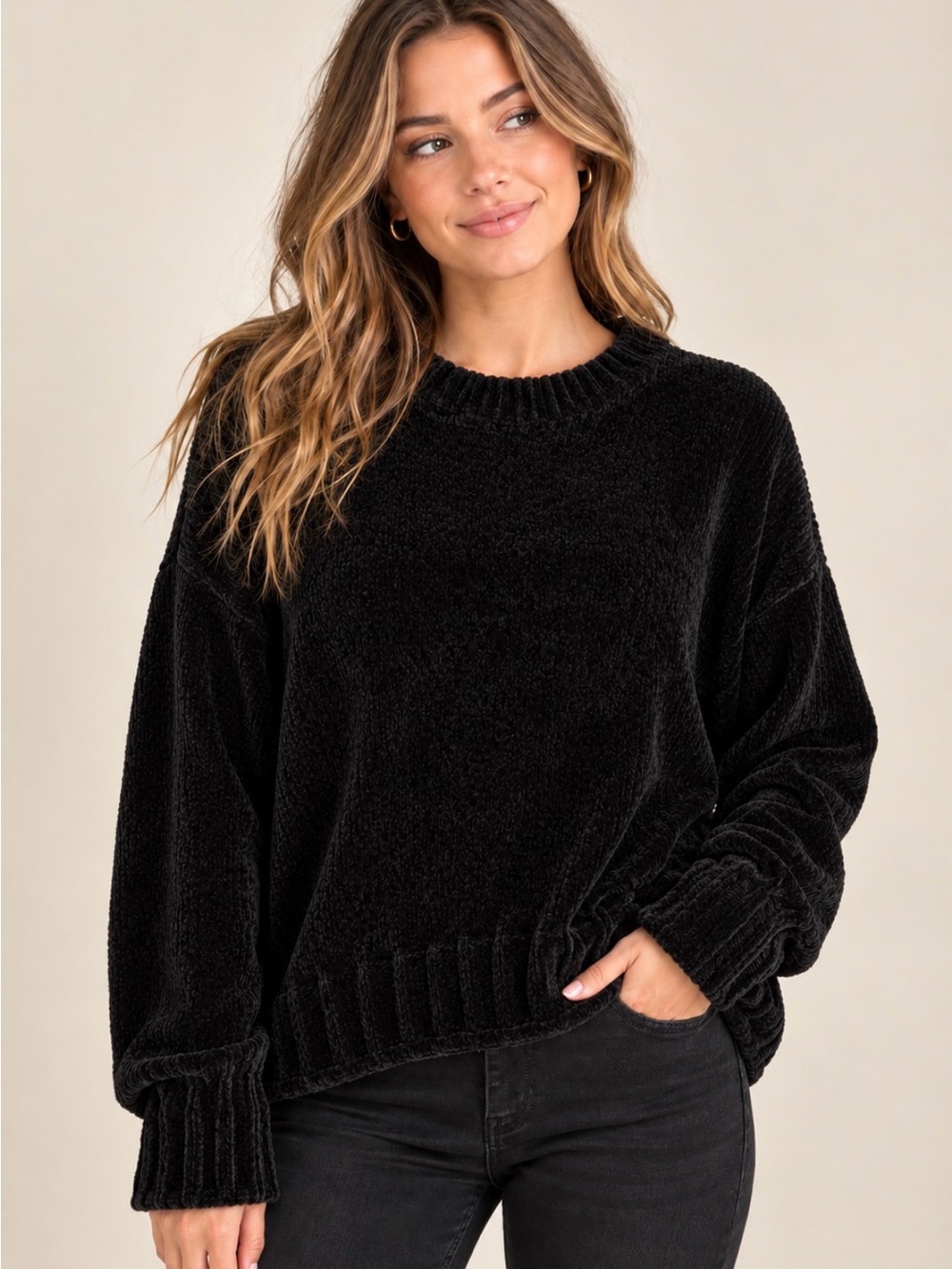 Cynthia Rowley Black Velour Plush Sweater Size Large